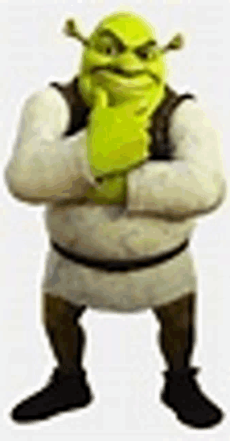 shrek from shrek is standing with his arms crossed and a thumbs up .