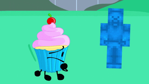 a cupcake with a cherry on top is standing next to a blue minecraft figure