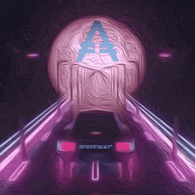 a painting of a car driving down a freeway with the letter a above it