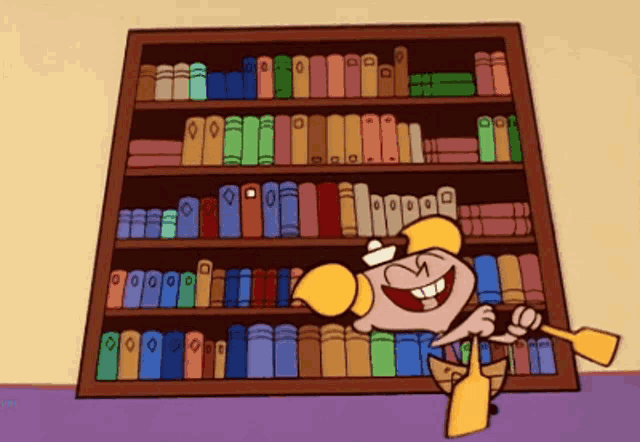 a cartoon of a girl standing in front of a bookshelf