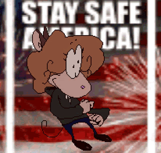 a cartoon mouse is standing in front of an american flag with the words stay safe america written on it