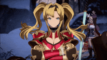 a girl with blonde hair is holding a blue sword