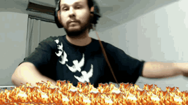 a man with a beard wearing headphones and a black shirt with birds on it