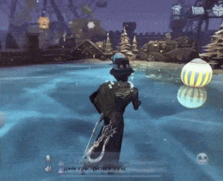 a screenshot of a video game shows a person standing in a pool of water