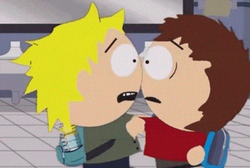 two cartoon characters are kissing each other in a bathroom