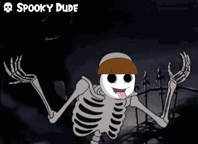 a cartoon of a skeleton with the words spooky dude behind it