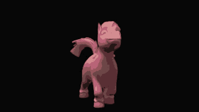 a pink horse is running on a black background in a cartoon .