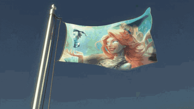 a flag with a picture of a mermaid and the letter t on it