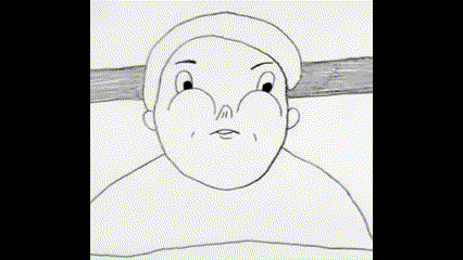 a black and white drawing of a man laying in bed with his eyes closed and a sad look on his face .