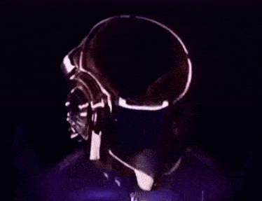 a person wearing a futuristic helmet with a skull on it is surrounded by purple lights .