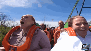 a woman is riding a roller coaster with the letter s on the front