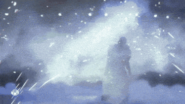 a woman in a white dress is surrounded by smoke and fireworks with the letters n.w.r. on the bottom