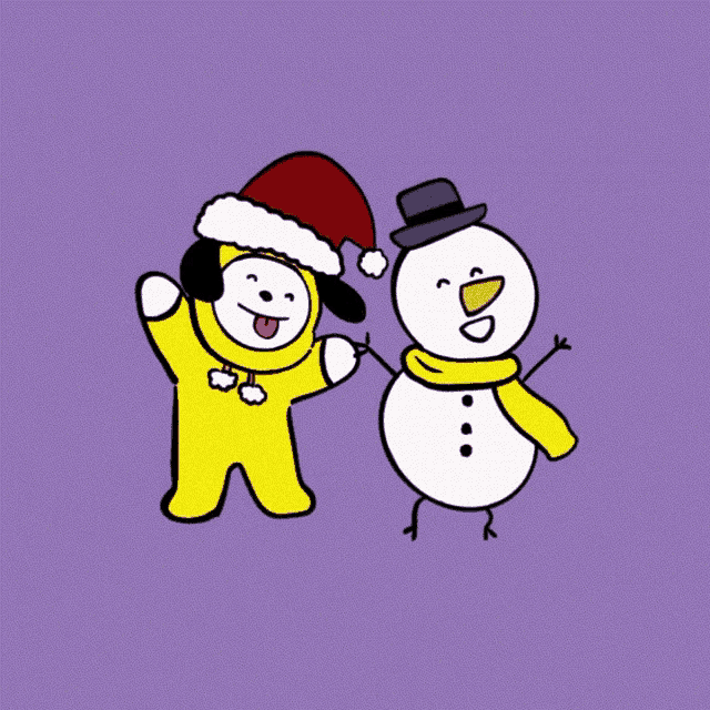 a cartoon of a snowman wearing a santa hat next to another snowman