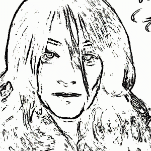 a black and white drawing of a woman 's face with long hair .