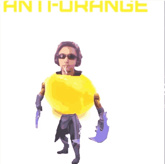 a man holding a sword and a yellow ball with the words anti-furange written on the bottom