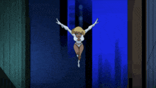 a cartoon of a woman in a white superhero outfit is flying through the air