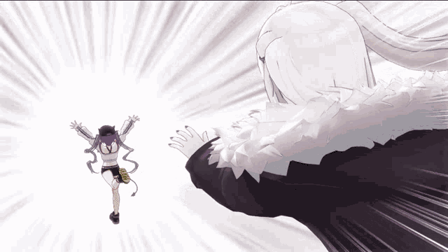 a cartoon character with purple hair is running towards another character with white hair