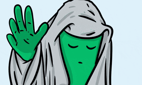a cartoon drawing of a green alien with a white hood and a green hand