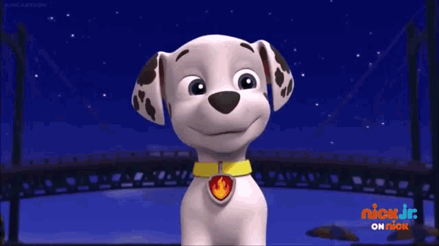 marshall from paw patrol is wearing a yellow collar with a fire badge on it .