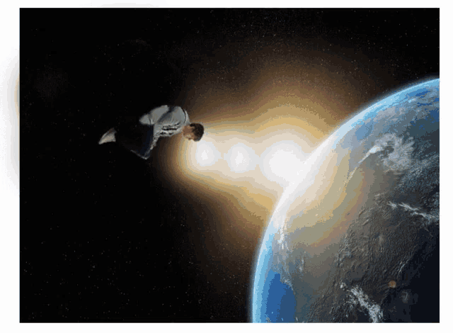 a man in a white shirt is flying over a blue planet
