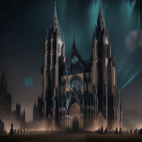 a painting of a cathedral with fireworks behind it