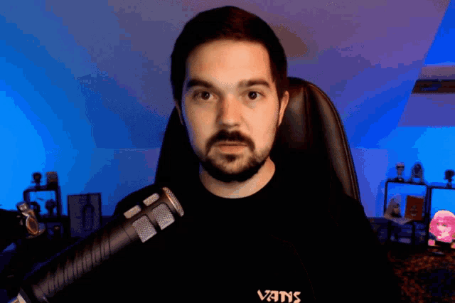 a man with a beard wearing a black vans shirt stands in front of a microphone