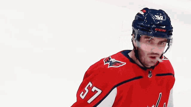 a hockey player wearing a helmet that says 57 on it