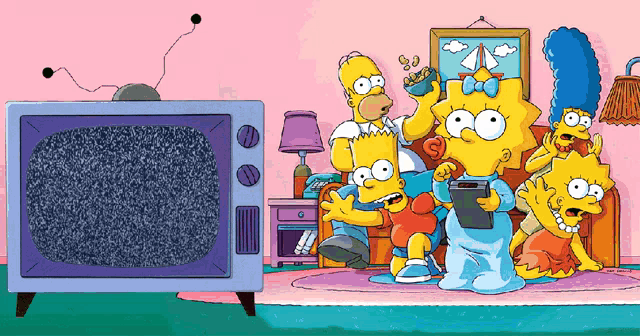 a cartoon illustration of the simpsons sitting in front of a tv