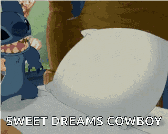 a cartoon of stitch standing next to a bed with the words sweet dreams cowboy above him