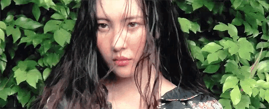 a woman with long hair is standing in front of a bush with leaves .