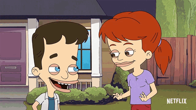 a cartoon of a man and a woman standing in front of a house with netflix written on the bottom