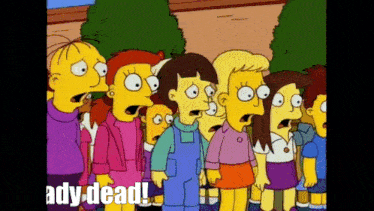 a group of cartoon characters are standing together and one of them says ady-dead
