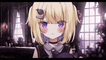 a blonde anime girl with purple eyes is standing in front of a window .