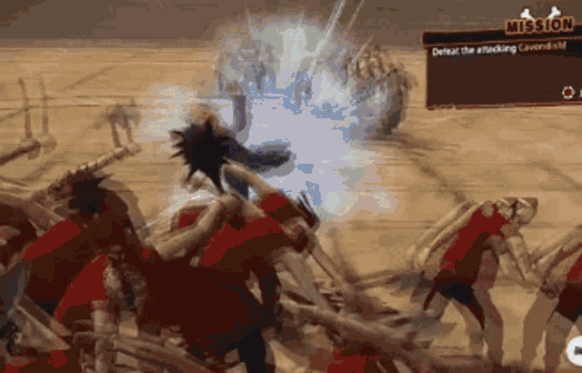 a video game is being played and the mission is to defeat the attacking caveman