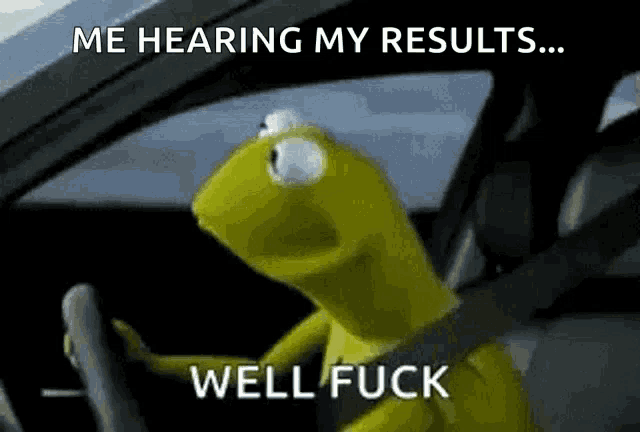 kermit the frog is sitting in the driver 's seat of a car with the caption " me hearing my results ... well fuck "