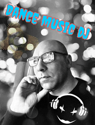 a man wearing glasses and a shirt that says ' dance music dj '