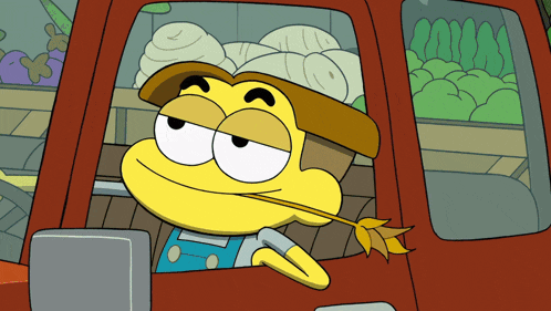 a cartoon character is driving a red truck