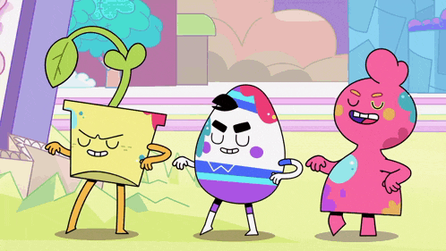 three cartoon characters are standing next to each other including a potted plant and an egg