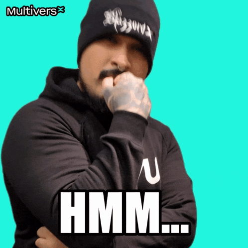 a man wearing a black hoodie and a black beanie says " hmm "