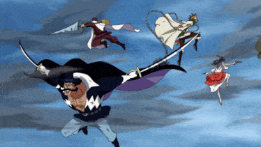 a group of cartoon characters are flying through the air with one holding a sword