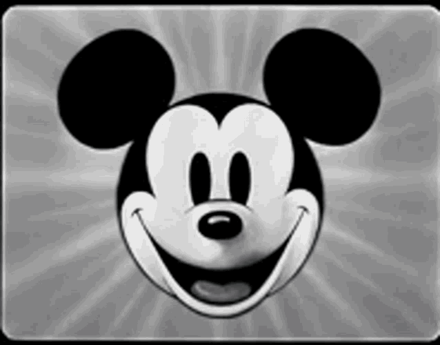a black and white drawing of mickey mouse 's face smiling