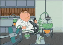 a cartoon of peter griffin looking through a microscope in a lab