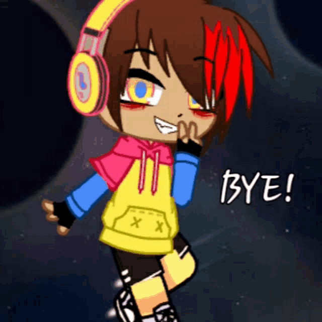 a cartoon character wearing headphones and a hoodie that says bye