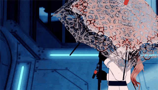 a person holding an umbrella with a pattern that says ' a ' on it
