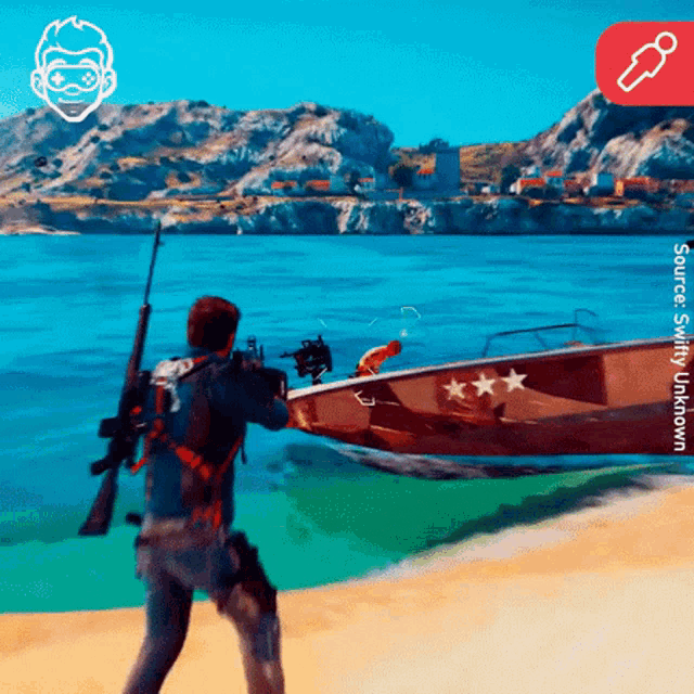 a man with a gun standing on a beach next to a boat