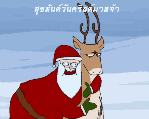 a cartoon of santa hugging a reindeer with chinese writing behind him