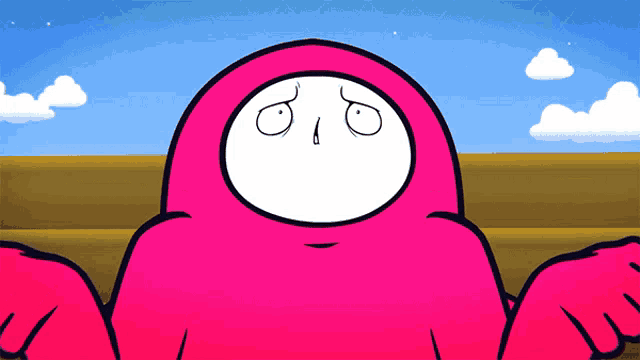 a pink cartoon character with a white face and a sad look on his face