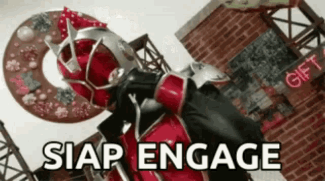 a red superhero is standing in front of a brick building and says " siap engage "