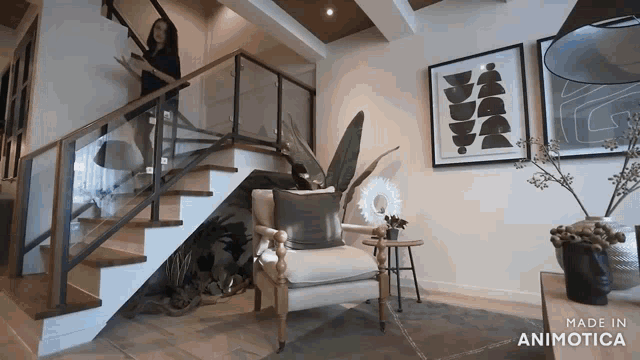 a video of a living room with a chair and stairs made in animotica
