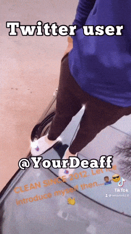 a person is standing next to a car with the words twitter user @yourdeaff written on it